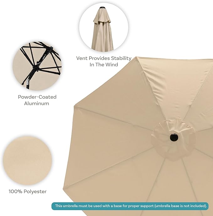 Sunnydaze Outdoor Patio Umbrella - Polyester Table Market Umbrella with Push-Button Tilt and Crank - 8 Sturdy Ribs - Beige - 9ft