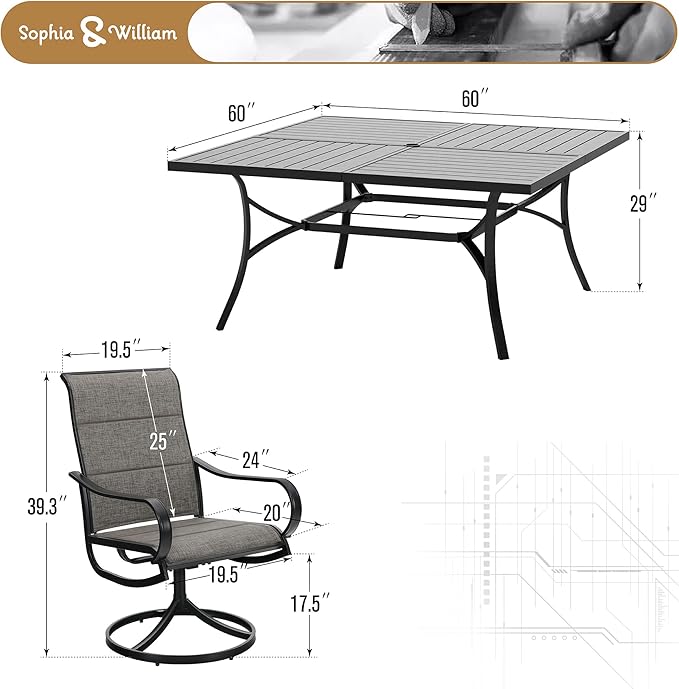 Sophia & William Patio Furniture Set Large Square Dining Table for 8 with Swivel Chairs Padded Textilene 9 Pieces Outdoor & Lawn Garden All Weather, Grayish Brown-padded Textilene, 60''