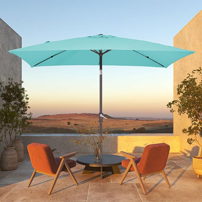 JEAREY 6.5x10 ft Rectangular Patio Umbrellas Rectangle Outdoor Umbrella with Push Button Tilt and Crank, Market Table Umbrella 6 Sturdy Ribs UV Protection for Poolside Garden Backyard Deck, Peacock Blue