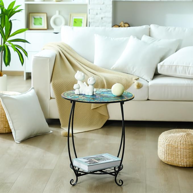 Outdoor Side Table Round Small Mosaic Patio Accent Indoor End Plant Coffee Tea Table for Yard Patio Porch Garden Living Room, Bedroom(Butterfly Style,18 Inch)