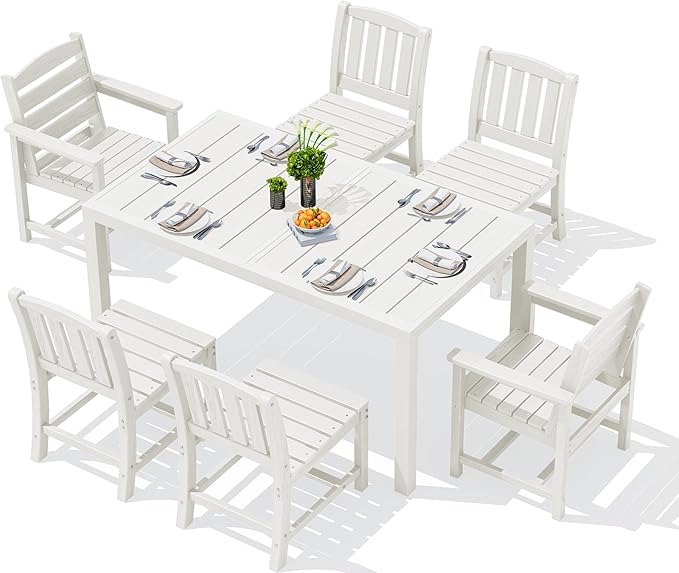 SERWALL 7-Piece Outdoor Dining Set, 60" - 83" Expandable Outdoor Dining Table and 6 HDPE Chairs, All Weather HDPE Outdoor Furniture Set for Backyard, Garden, White