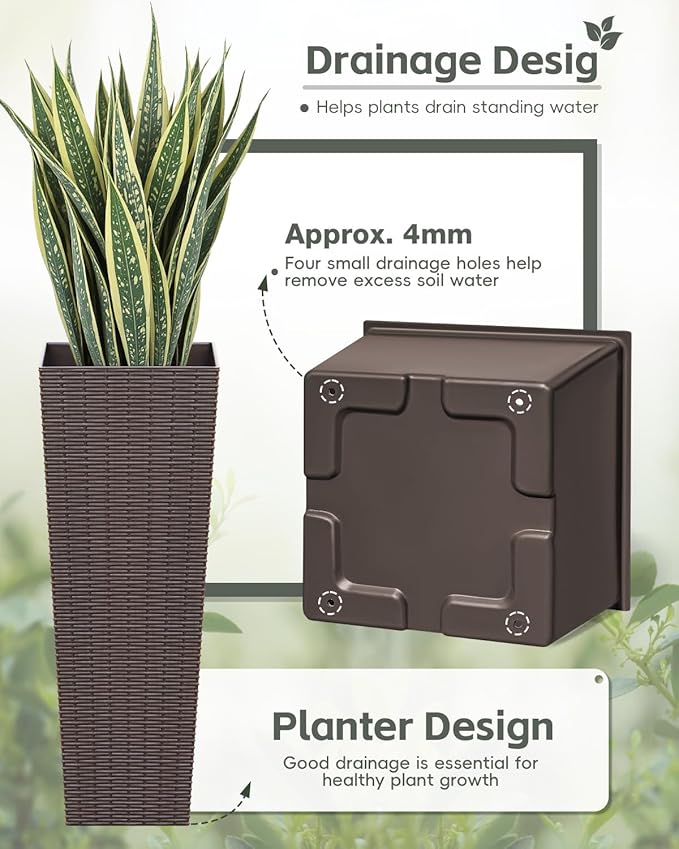 Greesum 32 Inch Tall Plastic Planters(Set of 2), Detachable Inner Pot & Drainage Holes, Outdoor Decorative Flower Pots for Large Plants, Trees, Patio, and Garden, Brown