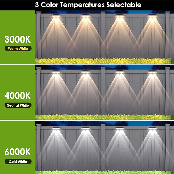 12 Pack Solar Fence Lights Outdoor Waterproof LED - 3000/4000/6000K 3 Mode, IP65 Waterproof Fence Lights Solar Powered, Solar Wall Lights for Outside, Backyard/Step/Patio/Deck Fence/Stair Railings
