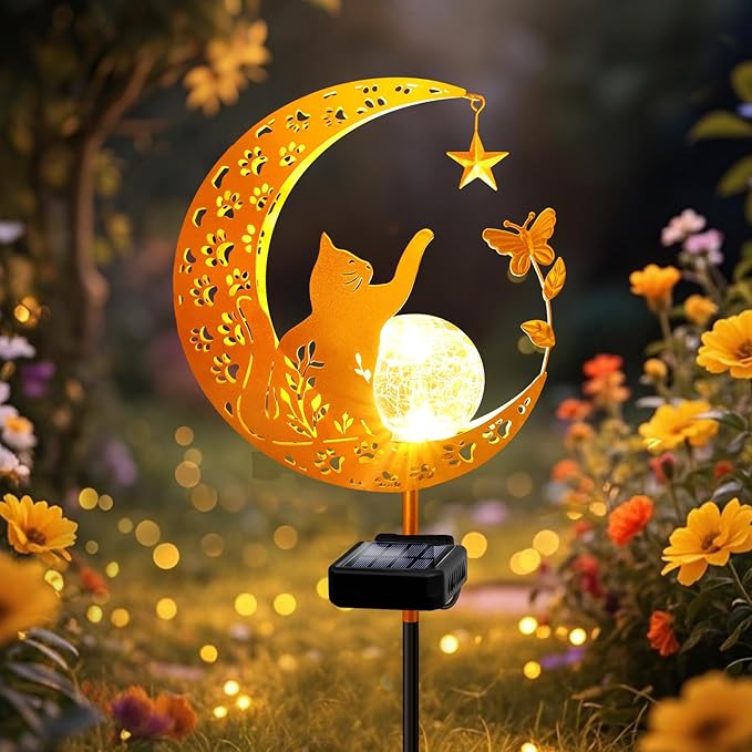 ZNYCYE Solar Lights Outdoor Decorative Moon Cat Butterfly Solar Stake Lights Birthday Gifts for Women mom Grandma, Garden Decor Waterproof for Walkway, Yard, Lawn, Patio (Warm White)