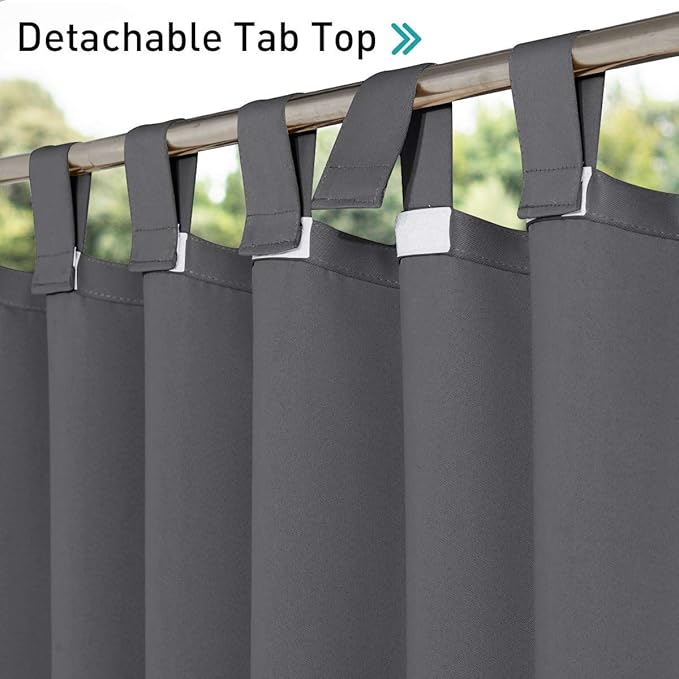 NICETOWN 2 Panels=104" Width Patio Curtains Outdoor Waterproof Extra Long 108" Length, Self-Stick Tab Top Thermal Insulated Blackout Vertical Drape Window Treatment for Lawn & Garden, Grey