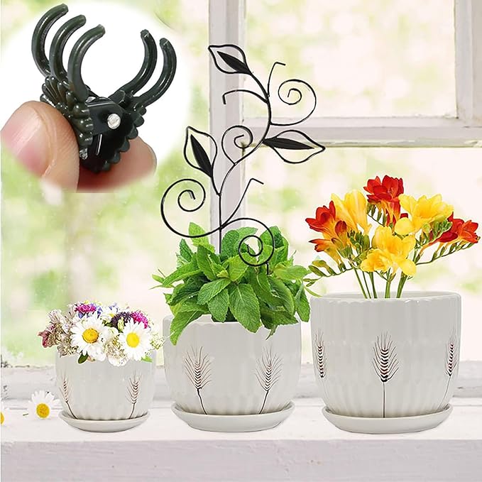 Decorative Metal Plant Trellis for Indoor Potted Plants – Leaf Shape Vine Support Stakes with 6 Plant Clips, Black/Green/Gold Garden Trellises for Climbing Plants, Vines (Black 2pcs)