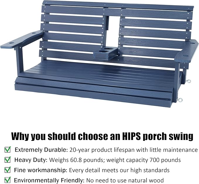 Poly Lumber 2-Seat Porch Swing, HIPS 4.5-Feet Bench Swing with Foldable Cup Holders,18/8 Stainless Steel Hardware, High Backrest and Deep Contoured Seat (Navy Blue, 4.5-feet)
