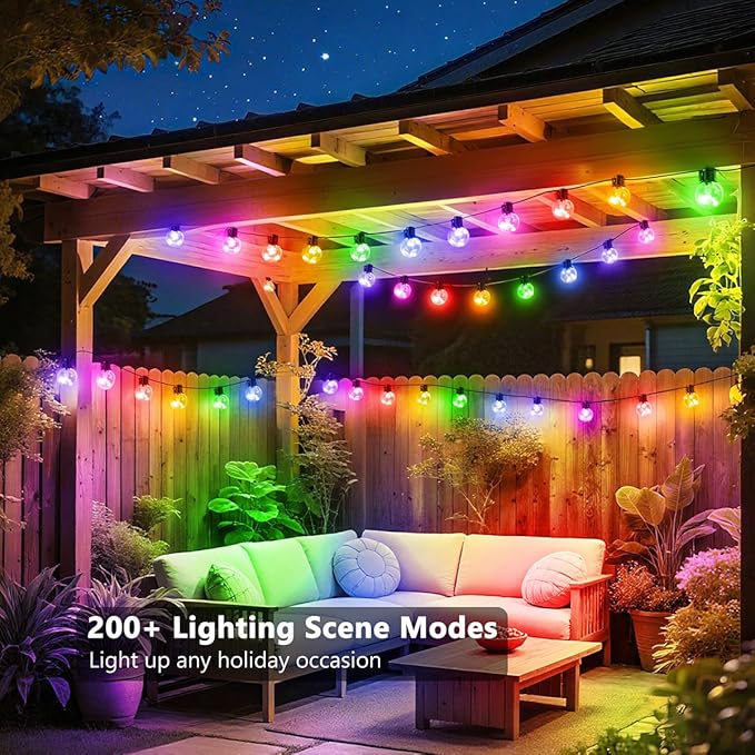 Outdoor String Lights, 25ft 20 Bulbs LED Color Changing Hanging Lights Dimmable with 220+ Scene Modes,App Control, Globe Bulb Waterproof for Outdoor Indoor Patio Backyard Balcony Garden Decor