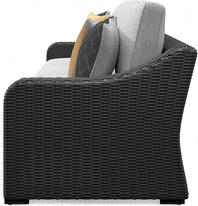 Signature Design by Ashley Beachcroft Casual Nuvella Weather Resistant Fabric 2-Piece Outdoor/Indoor Loveseat with Cushion and 4 Toss Pillows, Black & Light Gray