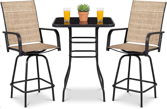 Homall 3 Piece Outdoor Patio Swivel Bar Stools Set, High Top Table with 2 Textilene Fabric Chairs, Counter Height Bistro Furniture for Balcony, Backyard, Poolside, Brown