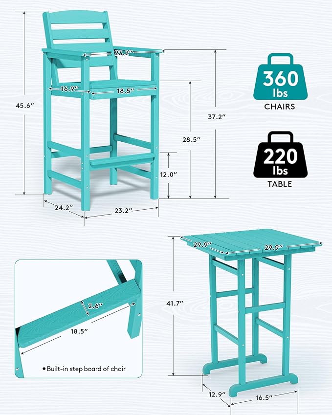 SERWALL Balcony Adirondack Chairs and Table 3 Pieces Set, Adirondack Bar Height Chairs Set of 2 and Bar Table, Outdoor Bar Stools Set for Bistro, Poolside, Backyard, Aruba