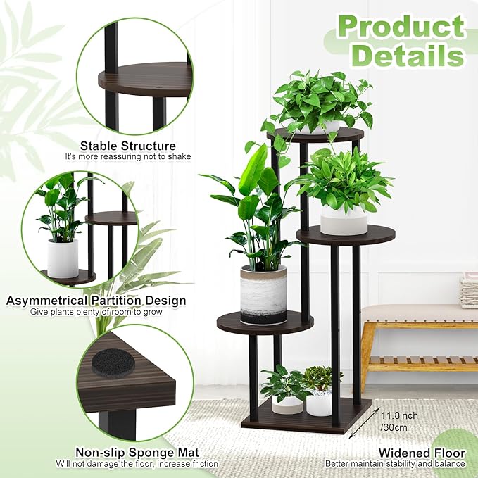 Plant Stand Indoor, 4 Tier Thickened Metal Corner Plant Shelf for Multiple Plants, Indoor Plants Tiered Flower Pot Stand for Patio Garden Balcony Living Room Bedroom(Black Oak)