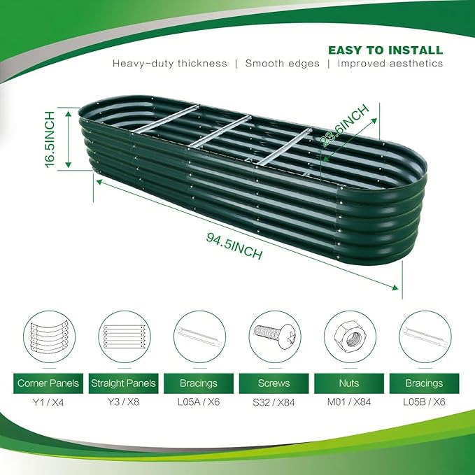 Gardmax Galvanized Raised Garden Bed, Lightweight Planter Boxes Outdoor with Easy Assembly, Large Garden Bed for Vegetables, Fruits, Flower Dark Green 8FT
