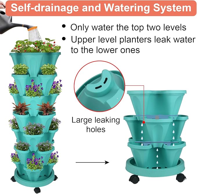 GameXcel Vertical Planter 7 Tier Stackable Planters Garden Planters Strawberry Herb Flower and Vegetable Planter Indoor Outdoor Gardening Pots with Removable Wheels and Tools-Teal 2 Pack