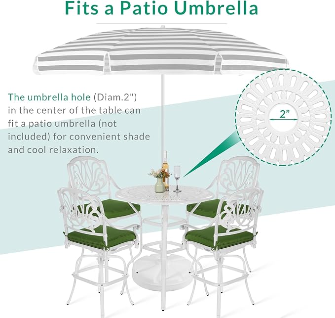 VIVIJASON 3-Piece Patio Swivel Bar Stools Set, All Weather Cast Aluminum Outdoor Bar Height Bistro Set with 2 Cushioned Bar Chairs & 35.4" High Bar Table w/Umbrella Hole for Backyard, Lawn, White