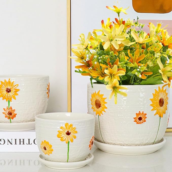 Ceramic Plant Pots Set of 3, 6.75/5.6/4.2 inch Planters with Drainage Holes and Saucer, Flower Pots Outdoor Indoor, Modern Decorative Planters for House Plants Garden Planters Succulent Pots