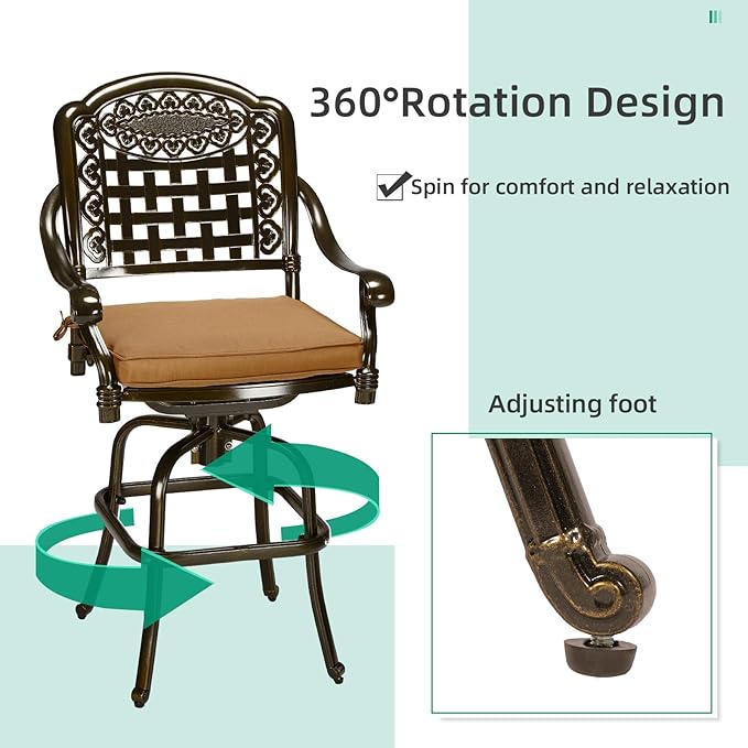VIVIJASON 5-Piece Bar Height Patio Dining Set, Rust-Free Cast Aluminum Outdoor Table and Chairs Set with 4 Swivel Bar Stools, Cushions & 35.4" High Bar Table w/Umbrella Hole for Deck, Lawn, Garden