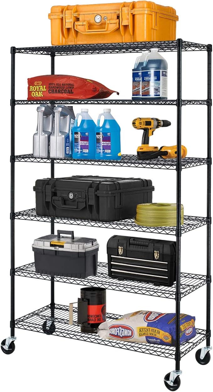 BestOffice | 6-Tier Wire Storage Shelves with Wheels | 18x48x78 | Black | Adjustable Racks | Heavy-Duty Metal Shelf, Holds Upto 600 lbs | No-Tool Assembly | Ideal for Home & Garage Shelving