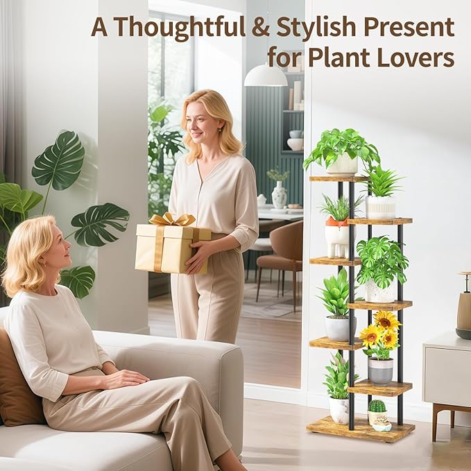LASZOLA Black 6 Tiered Wood Plant Stand Indoor for Larger Heavy Duty Planter, Sturdy Multi Level Vertical Flowers Racks for Narrow Inside Floor, Decorate Shelving for Hold House Tree, Space Saving