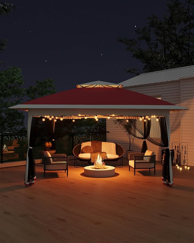 Canopy Tent 12x12 ft, Pop Up Gazebo One-Push Setup with 4 SandBags for Backyard Parties and BBQs, Mosquito Netting & Height Adjustable - Red