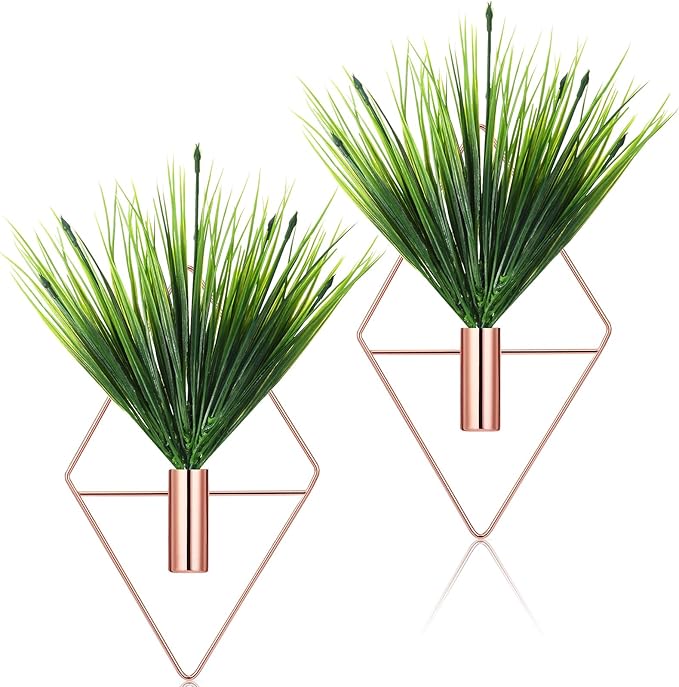 2 Pieces Wall Decor Hanging Planters with Artificial Plants Metal Hanging Vase Indoor Plants Holder Modern Boho Wall Art for Bathroom Bedroom Living Room Decor(Rose Gold,Aquatic Plant)