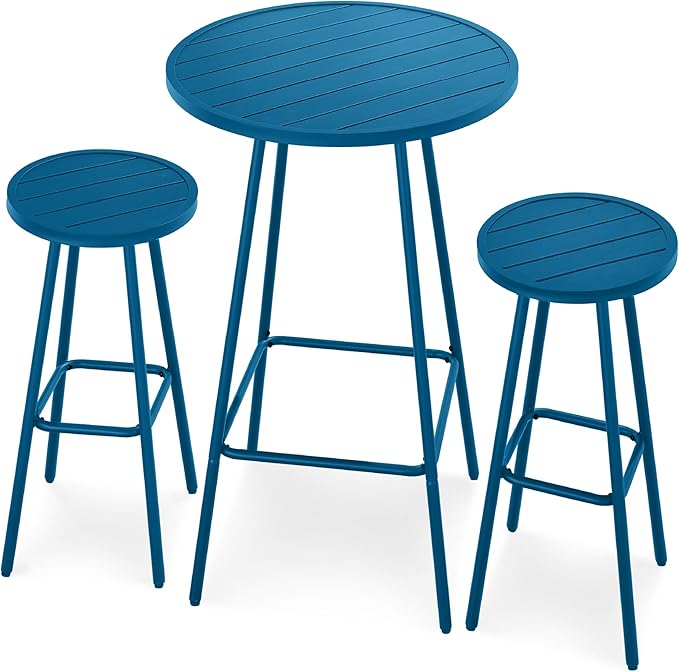 Best Choice Products 3-Piece Patio Dining Set, Bar Height, Outdoor Bistro Set, Outdoor Round Bar Table w/ 2 Bar Stools, Steel - Peacock Blue