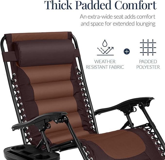 Best Choice Products Oversized Padded Zero Gravity Chair, Folding Outdoor Patio Recliner, XL Anti Gravity Lounger for Backyard w/Headrest, Cup Holder, Side Tray, Polyester Mesh - Espresso/Brown
