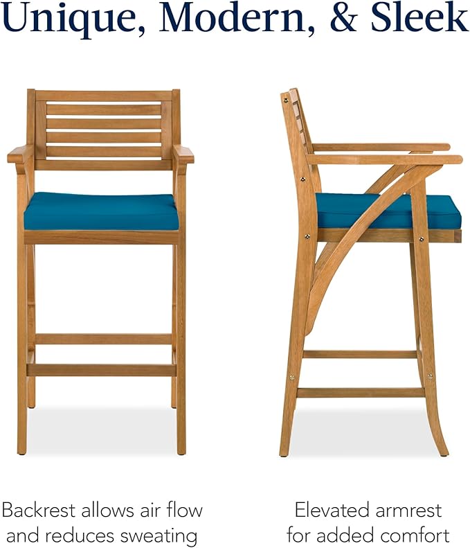 Best Choice Products Set of 2 Outdoor Acacia Wood Bar Stools Bar Chairs for Patio, Pool, Garden w/Weather-Resistant Cushions - Peacock Blue