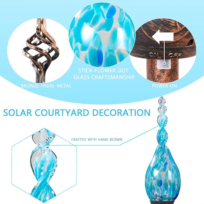 Solar Garden Lights Outdoor, Decorative LED Flame Garden Stakes, Hand Blown Glass and Outdoor Waterproof Glass Stakes (Light Blue)