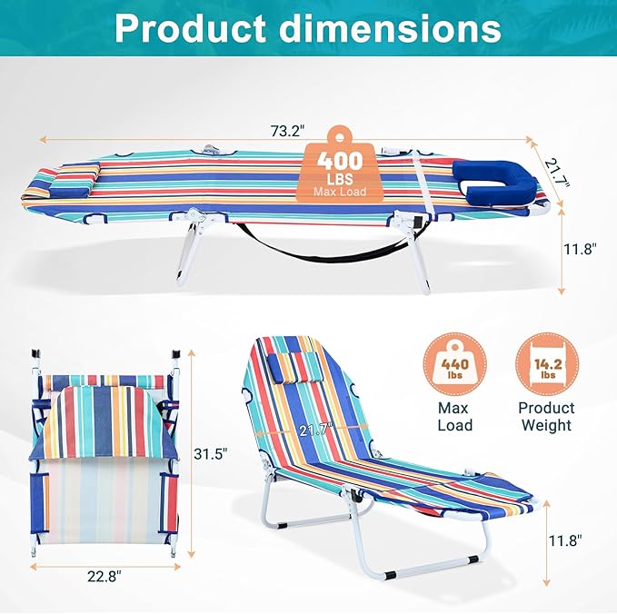 ABORON 2-in-1 Tanning Chair with Face Hole, Folding Camping Cot for Adults, 5-Position Adjustable Lounge Chair with Pillow, Heavy Duty 600D Oxford Portable Cot for Beach, Patio, Poolside