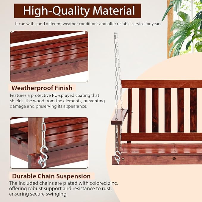 Outdoor Wooden Porch Swing 4Ft Patio Porch Swing Bench 800 LBS Load-Bearing Capacity Swing Chair Two-Person Seating with Adjustable Hanging Chains, Durable Swing Bench for Courtyard, Garden, Backyard