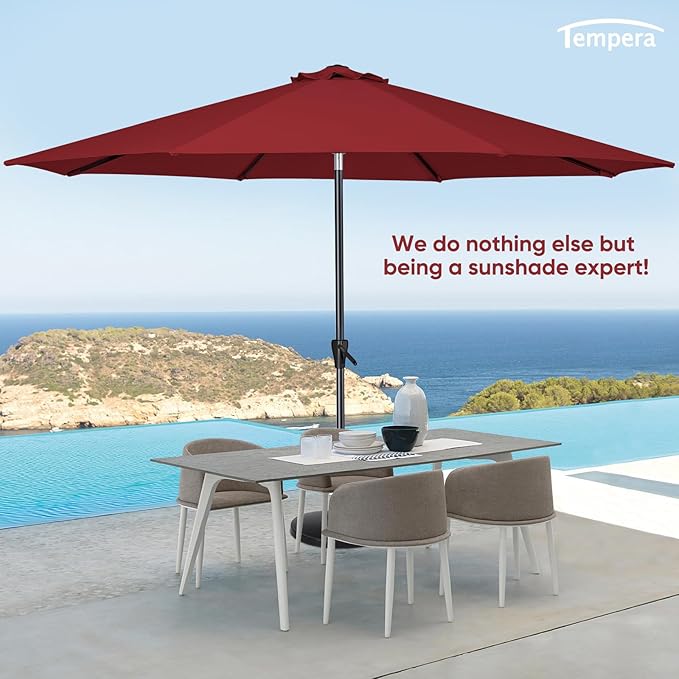 Tempera Patio Market Outdoor Table Umbrella with Auto Tilt and Crank, Large Sun Umbrella with Sturdy Pole & Fade Resistant Canopy, Easy to Set
