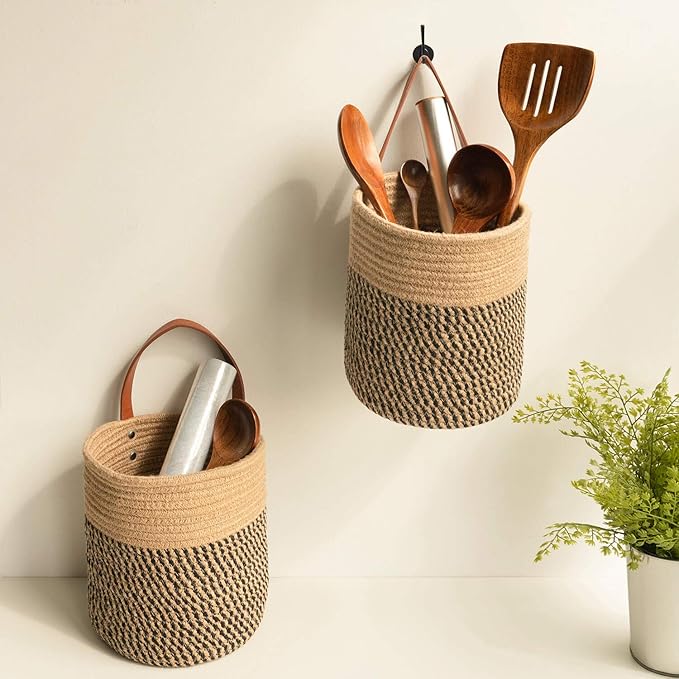 Goodpick 2pack Jute Rope Hanging Basket - 7.87" x 7" Small Woven Fern Wall Hanging Basket Flower Plants, Woven Storage, Black and Jute