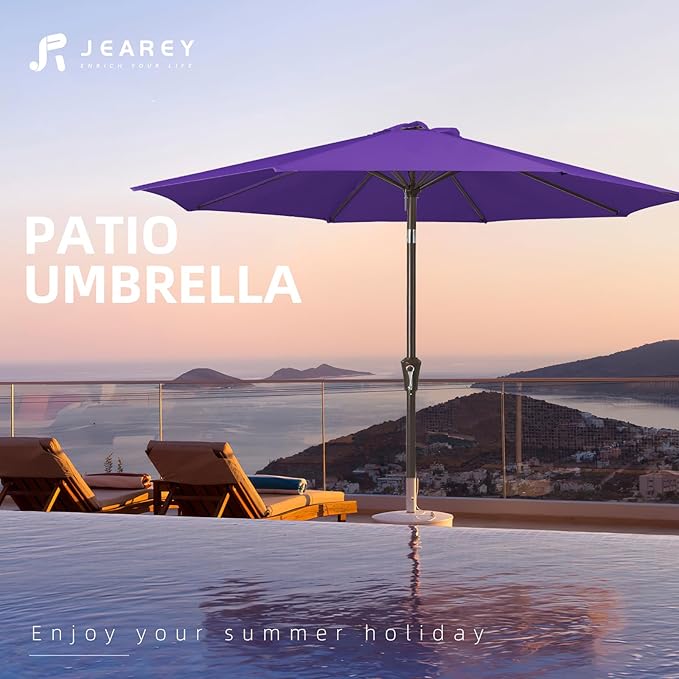 JEAREY 9FT Outdoor Patio Umbrella Outdoor Table Umbrella with Push Button Tilt and Crank, Market Umbrella 8 Sturdy Ribs UV Protection Waterproof for Garden, Deck, Backyard, Pool (Dark Purple)