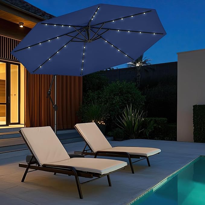 Tangkula 10ft Solar LED Patio Umbrella with Base, Offset Cantilever Outdoor Umbrella with 32 LED Lights, Infinite Tilt, 360 Degree Rotation, Crank Handle for Pool Deck Garden Backyard (Navy)