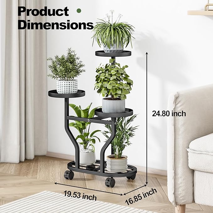 Plant Stand with Wheels 3 Tier Metal Plant Holder Corner Flower Shelf for Multiple Plants Display Rack for Bedroom Living Room Balcony Garden Black (Black, 3 Tier)