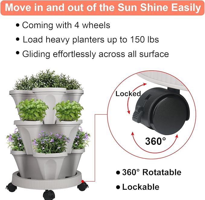 GameXcel Vertical Planter 3 Tier Stackable Planters Garden Planters Strawberry Herb Flower and Vegetable Planter Indoor Outdoor Gardening Pots with Removable Wheels and Tools 2-Pack