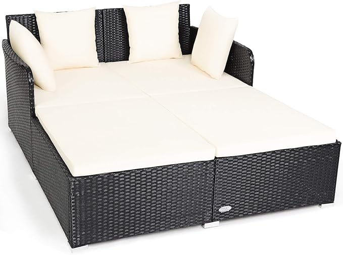 Tangkula Outdoor Rattan Daybed, Wicker Furniture with Spacious Seat, Upholstered Cushion & High-Resilience Sponge, Patio Sofa Set with 4 Pillows, 2-Person Sunbed for Poolside Backyard Garden & Balcony