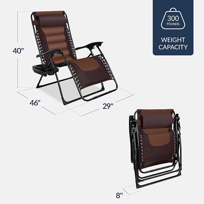 Best Choice Products Oversized Padded Zero Gravity Chair, Folding Outdoor Patio Recliner, XL Anti Gravity Lounger for Backyard w/Headrest, Cup Holder, Side Tray, Polyester Mesh - Espresso/Brown