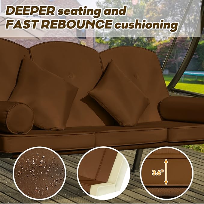 3 in 1 Outdoor Porch Swing with Adjustable Canopy, 3 Seat Outdoor Swing for Adults, Patio Swing Chair with Thickened Cushions,Pillows & Cup Holders for Backyard, Porch, Garden (Brown)