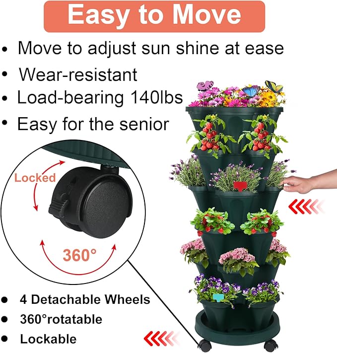 GameXcel Vertical Planter, 6 Tier Stackable Strawberry Planter with Garden Tool Set, Movable Indoor/Outdoor Garden Herb Pot for Growing Vegetables and Succulents, Green