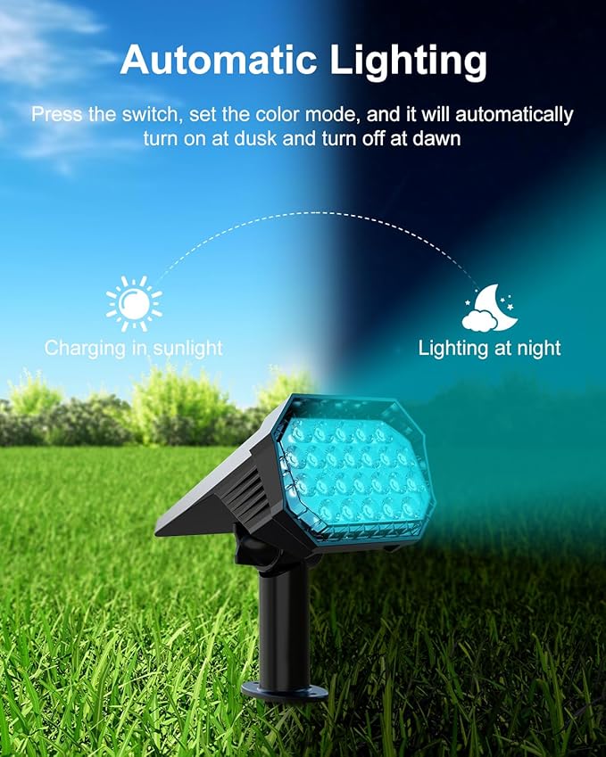 6 Pack Color Changing Solar Powered Outdoor Spot Lights Outside Landscape Waterproof 24 LED Spotlights Dusk to Dawn for Christmas Decorations,Tree, Snowman, Elk Statues, 8 Colorful for Accent Lighting