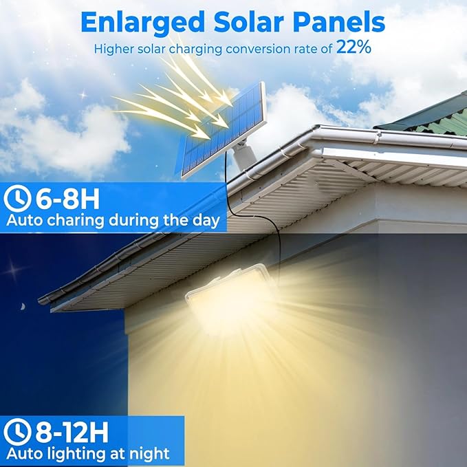 Peasur 1 Pack Solar Motion Lights Outdoor, 318 LED Solar Security Light with 3 Modes, IP65 Waterproof Powered Flood Lights for Outside Garden Backyard，Warm (White Frame)