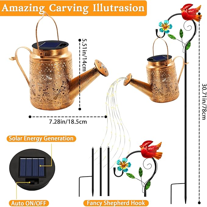 Solar Lights Outdoor Garden Decor, Cardinals Hanging Waterproof Watering Can Lights Outside Decorations for Yard Front Porch Patio Christmas Gift for Mom Grandma Women Birthday （with Shepherd Hook）