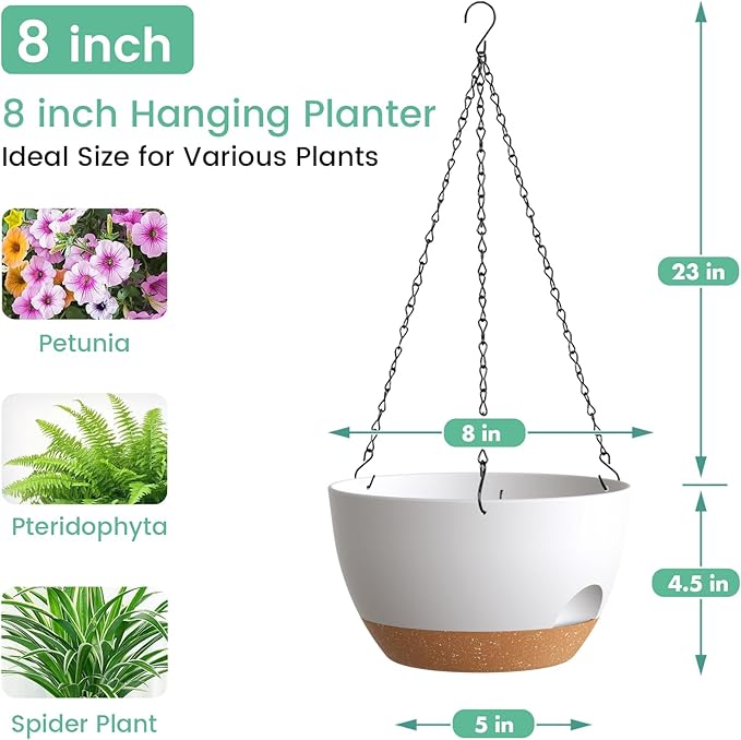 4 Pack 8 Inch Self Watering Hanging Planters for Indoor Outdoor Plants，Hanging Pots for Plants with Drainage Removable Tray, Hanging Baskets Flower Pots for Pothos Garden Porch White with Brown