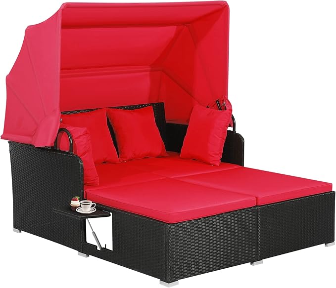 COSTWAY Outdoor Daybed with Retractable Canopy, Wicker Patio Furniture Set with Cushioned Pillows, Patio Rattan Daybed for Deck, Backyard, Poolside (Red)