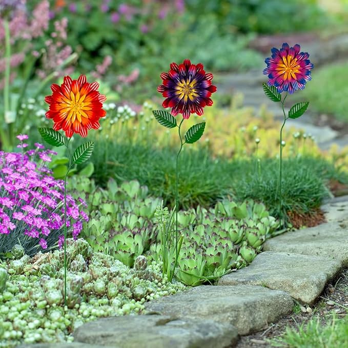 Metal Flowers for Outside,3 Pack Flowers Decorative Garden Stakes Spring Decor,Waterproof Metal Yard Art for Outside,Lawn,Patio,Yard