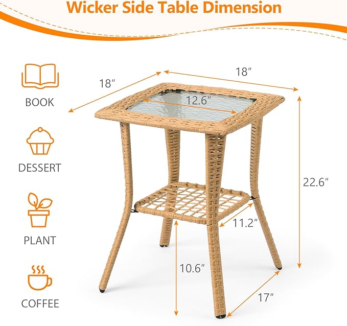 VINGLI Outdoor Side Table with Storage Wicker Patio Side Table, Tempered Glass Top End Table for Balcony Porch Deck (Beige)