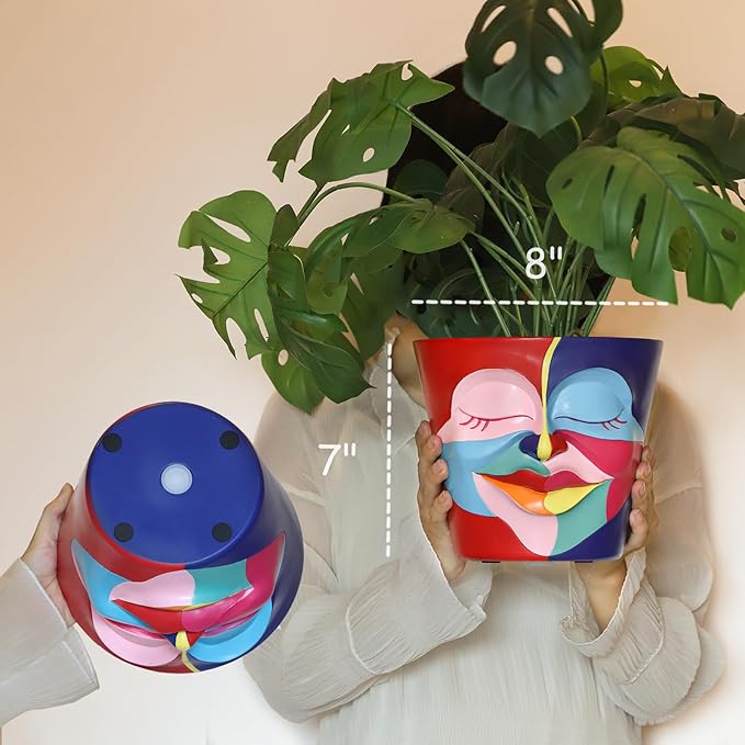 GUGUGO 8 Inch Abstract Rainbow Head Planter, Unique Face Plant Pot with Drainage, Cute Eclectic Flower Planters Pots for Indoor & Outdoor Plants, Colorful Funny Room Decor Aesthetic, Red & Blue