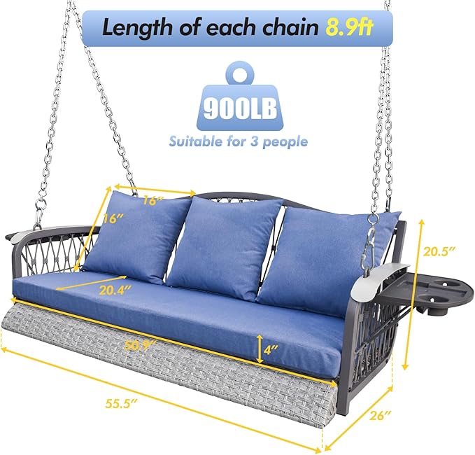 Wicker Porch Swing Heavy Duty 900 LBS 3-Seat Outdoor Patio Swing Chair with Cushions & 8.9ft Chains Outdoor Hanging Bench with Upgraded Cup Holders for Garden Deck Backyard